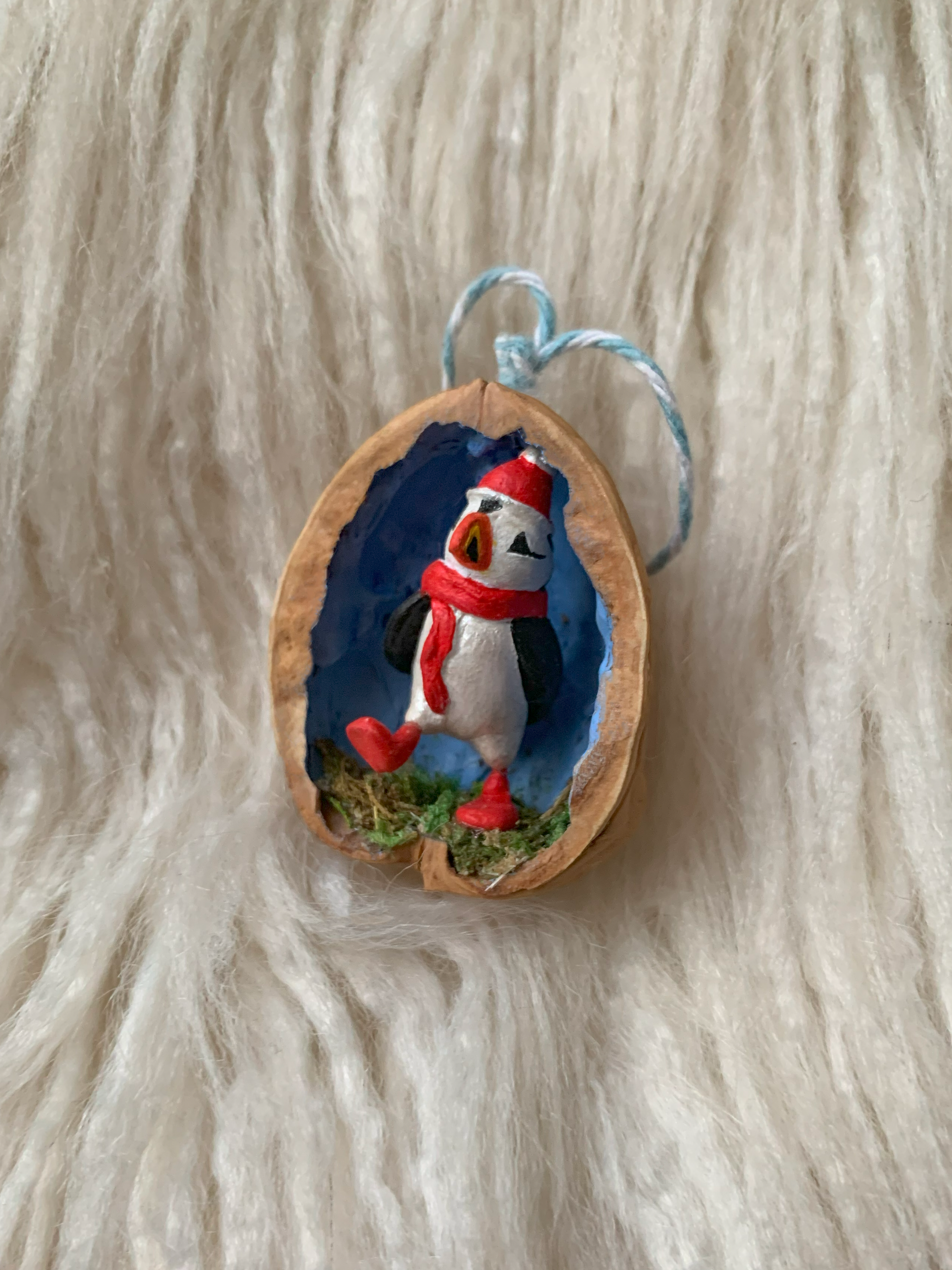 Puffin Walnut - Clay Sculpture Mixed Media